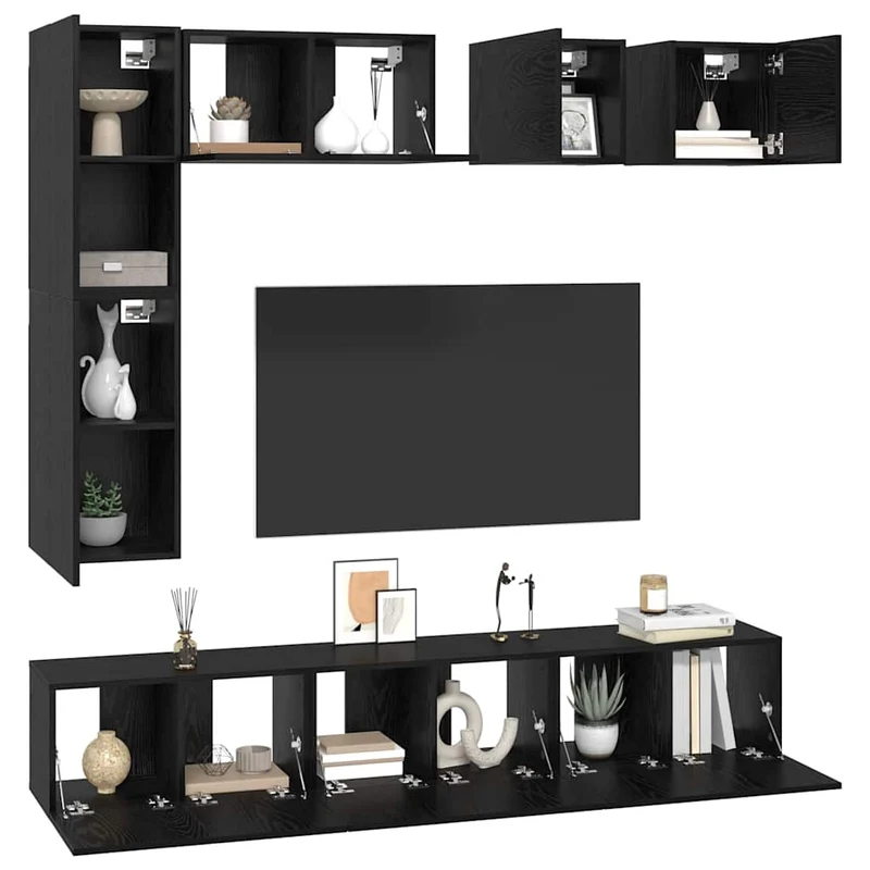 TV Cabinet Set 8 pcs Black Oak Engineered Wood