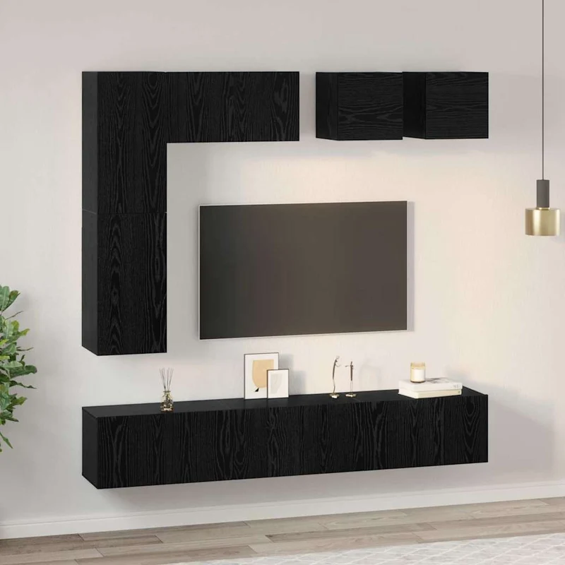 TV Cabinet Set 8 pcs Black Oak Engineered Wood