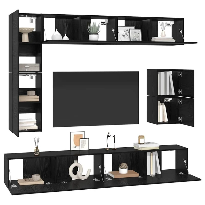 TV Cabinet Set 8 pcs Black Oak Engineered Wood