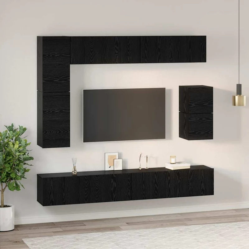 TV Cabinet Set 8 pcs Black Oak Engineered Wood