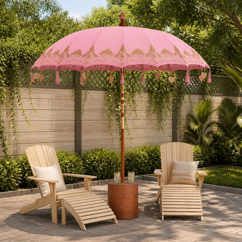 Balinese Parasol with Base Ø 210-220 cm Pink and Brown