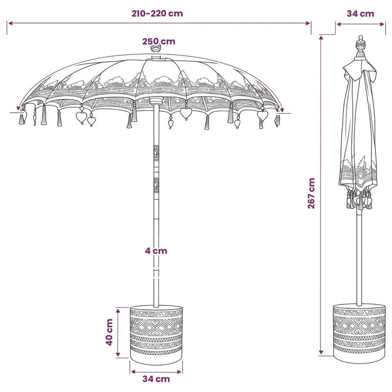 Balinese Parasol with Base Ø 210-220 cm Pink and Brown