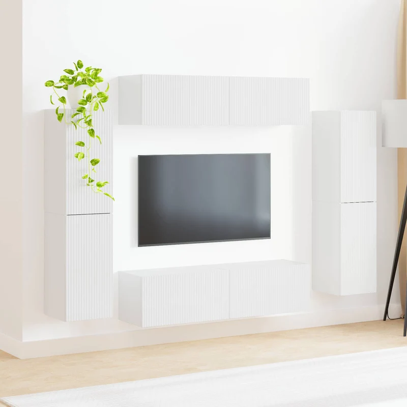 TV Cabinet Set 8 pcs High Gloss White Engineered Wood