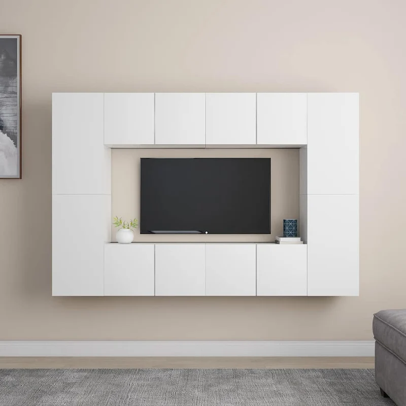 8 Piece TV Cabinet Set White Engineered Wood