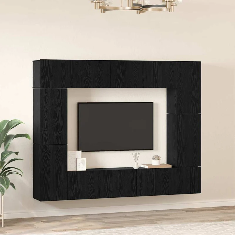 TV Cabinet Set 8 pcs Black Oak Engineered Wood