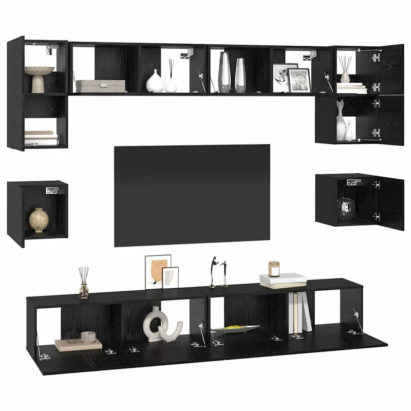 TV Cabinet Set 8 pcs Black Oak Engineered Wood