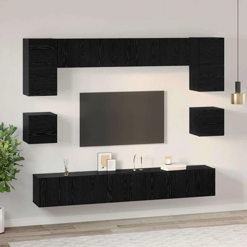 TV Cabinet Set 8 pcs Black Oak Engineered Wood