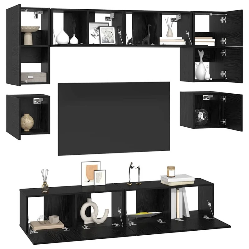 TV Cabinet Set 8 pcs Black Oak Engineered Wood