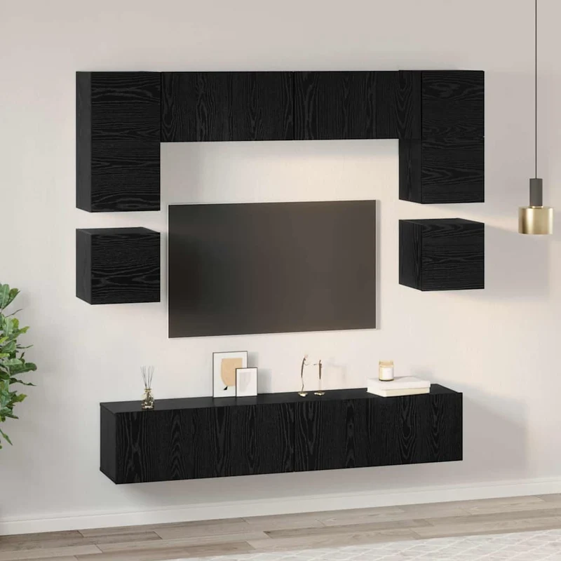 TV Cabinet Set 8 pcs Black Oak Engineered Wood