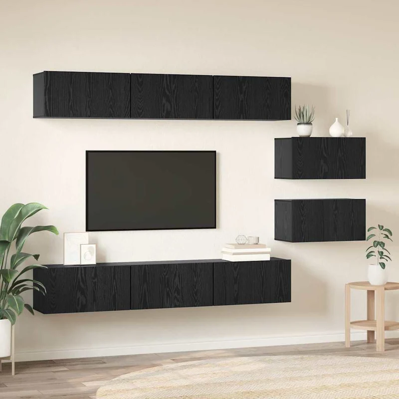 TV Cabinet Set 8 pcs Black Oak Engineered Wood