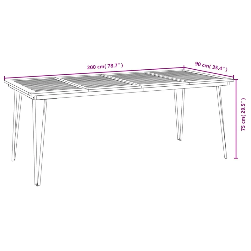 Garden Table with Hairpin Legs 200x90x75 cm Solid Wood Acacia