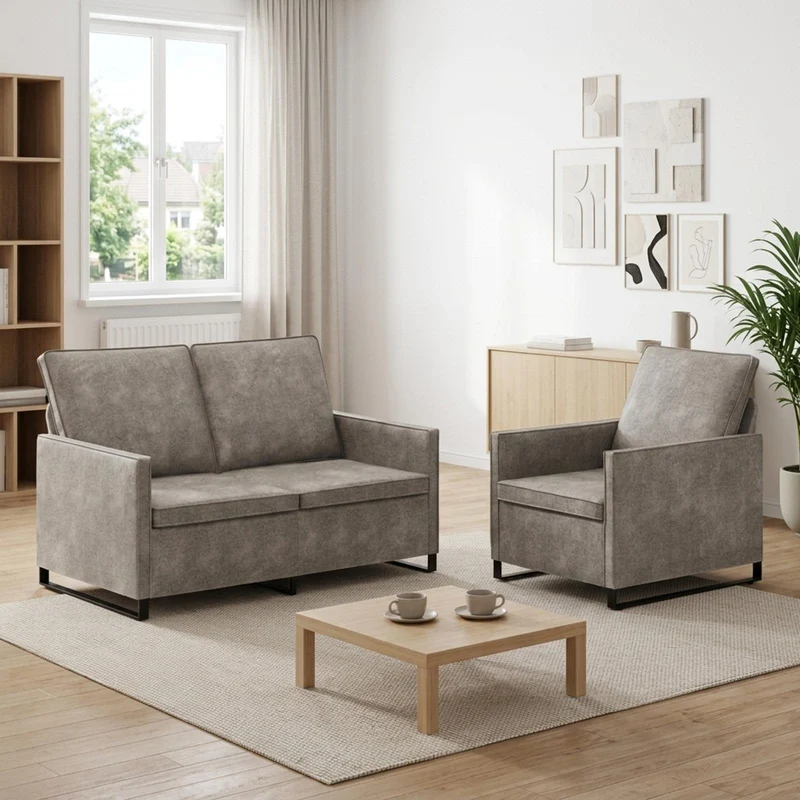 Sofa Set 2 pcs Light Grey Faux Suede Fabric
