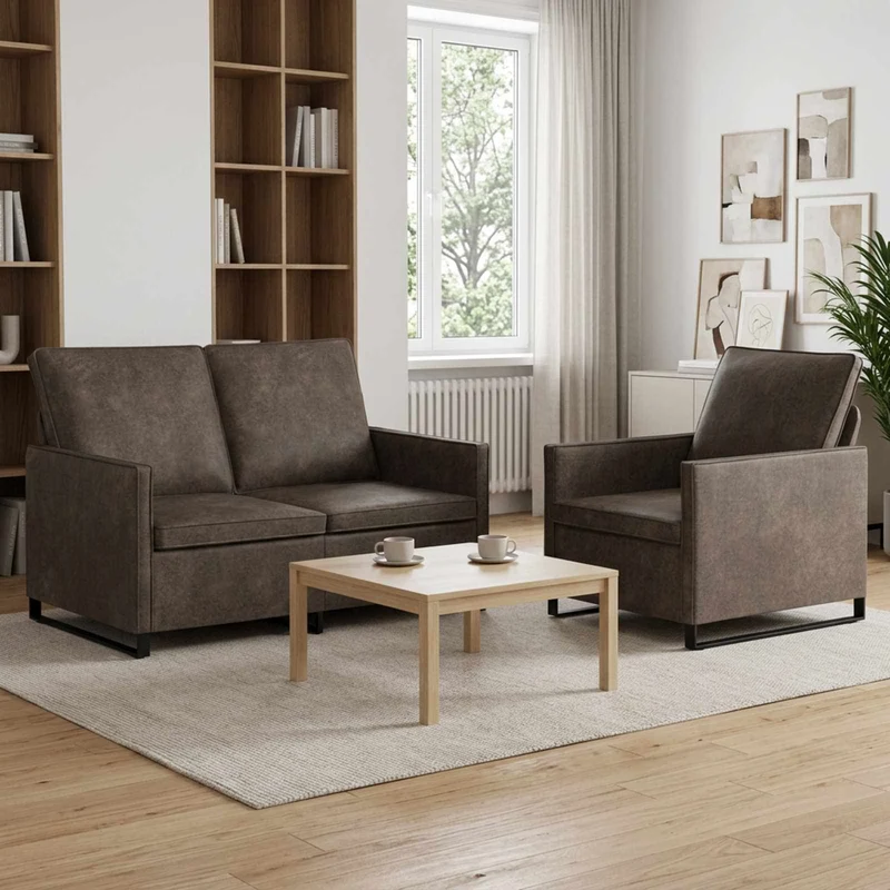 Sofa Set 2 pcs Dark Grey Faux Suede Fabric