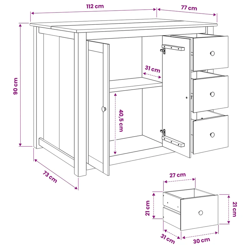 Kitchen Island Set PANAMA White and Honey Wax 112 x 77 x 90 cm