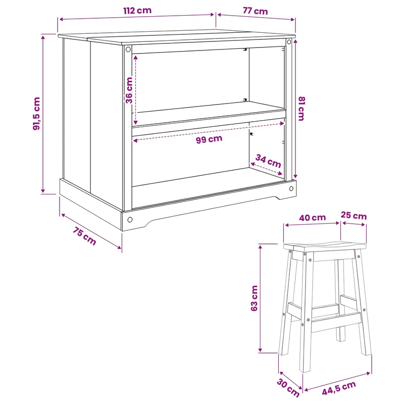 Kitchen Island Set 3 pcs White and Honey Wax 112 x 77 x 91.5 cm