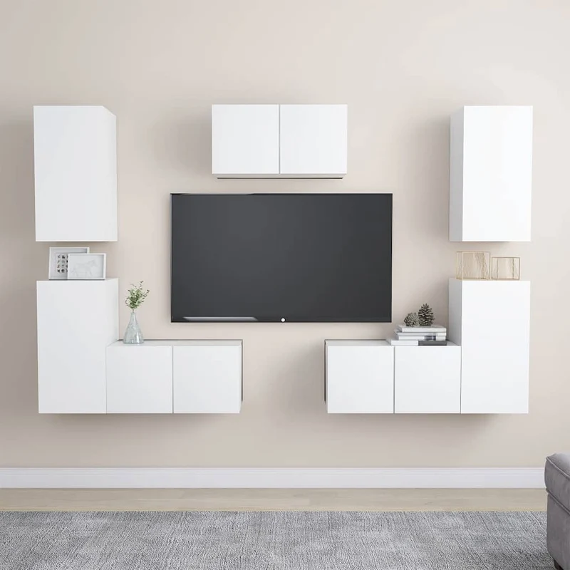 7 Piece TV Cabinet Set White Engineered Wood