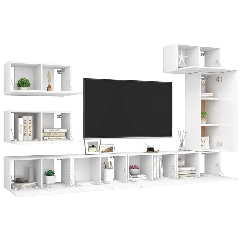 8 Piece TV Cabinet Set White Engineered Wood