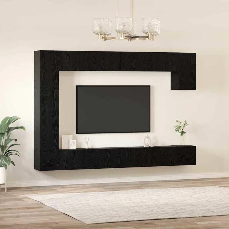 TV Cabinet Set 9 pcs Black Oak Engineered Wood