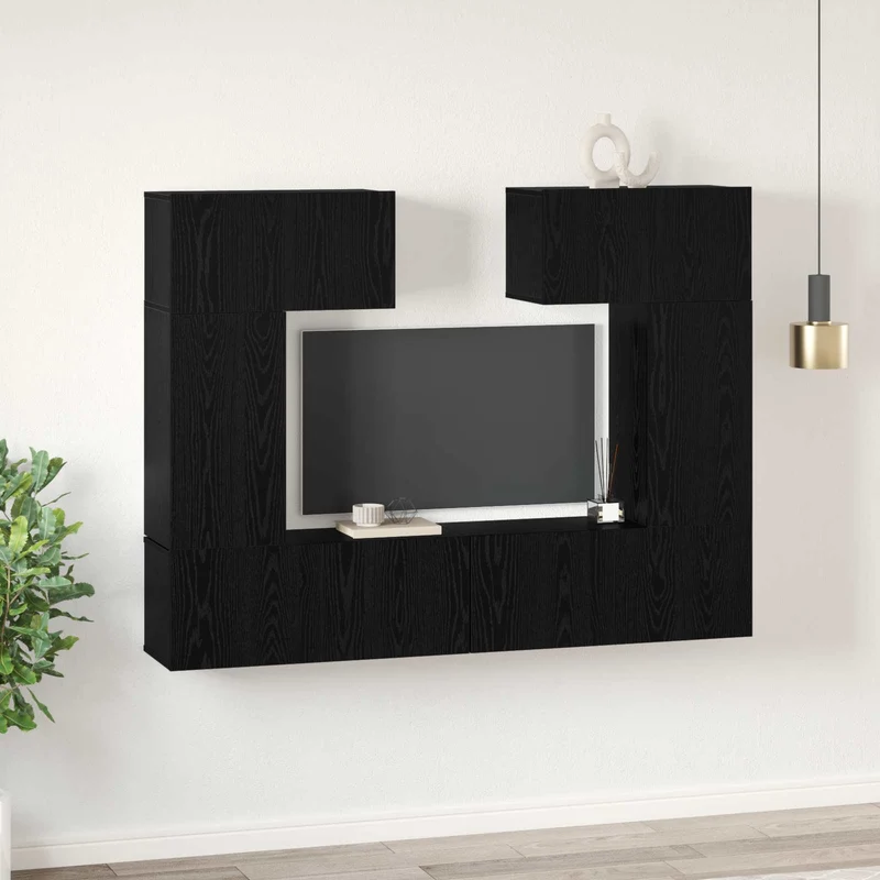 TV Cabinet Set 6 pcs Black Oak Engineered Wood