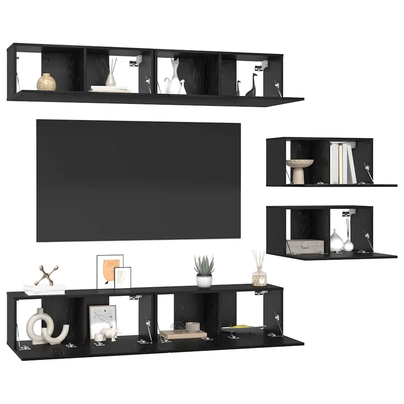 TV Cabinet Set 6 pcs Black Oak Engineered Wood