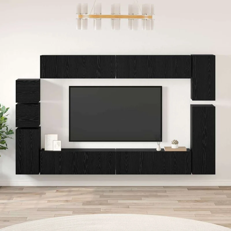TV Cabinet Set 9 pcs Black Oak Engineered Wood