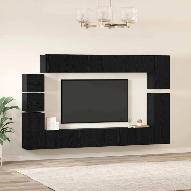 TV Cabinet Set 9 pcs Black Oak Engineered Wood