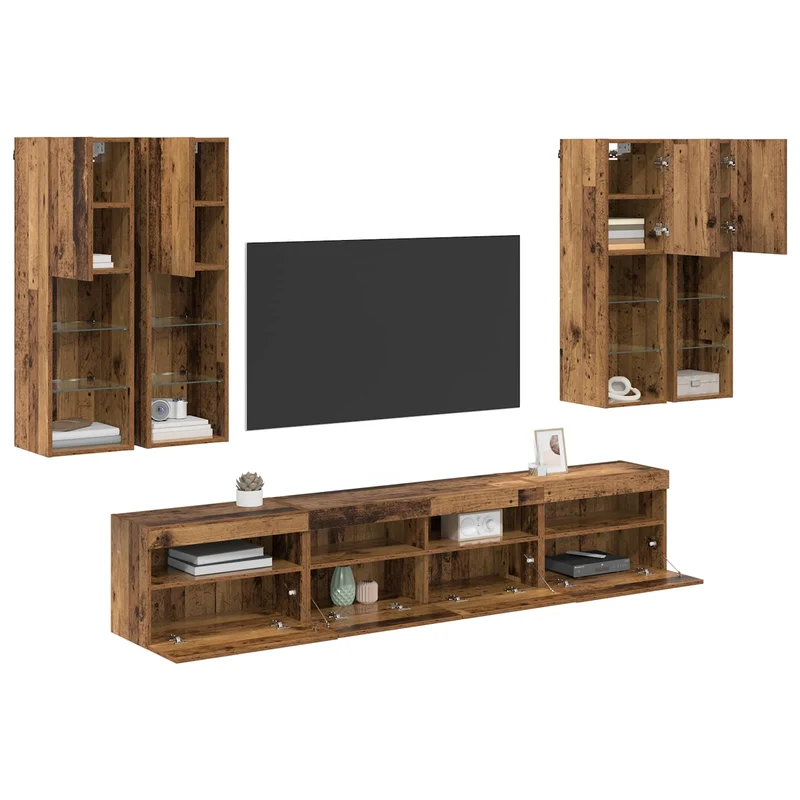 TV Wall Cabinet Set with LED Lights 7 pcs Old Wood