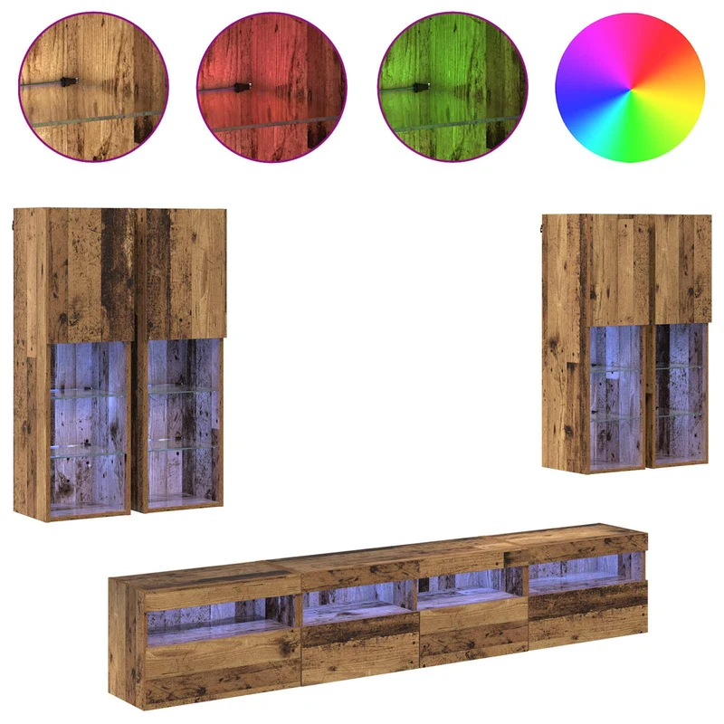 TV Wall Cabinet Set with LED Lights 7 pcs Old Wood