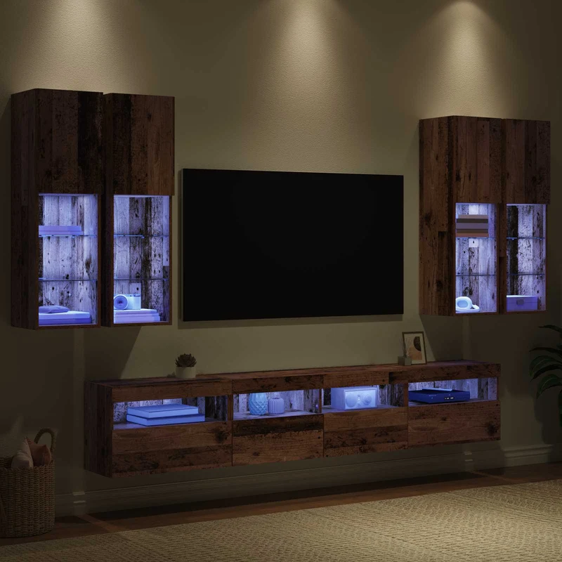TV Wall Cabinet Set with LED Lights 7 pcs Old Wood