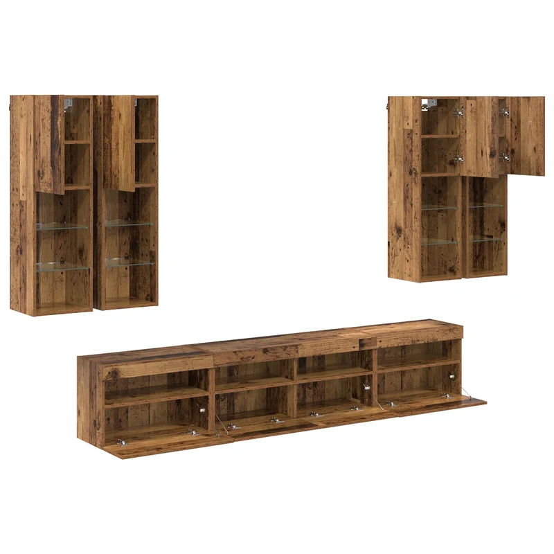 TV Wall Cabinet Set with LED Lights 7 pcs Old Wood