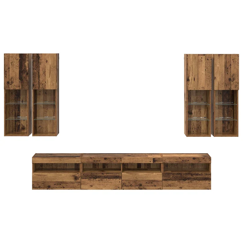 TV Wall Cabinet Set with LED Lights 7 pcs Old Wood