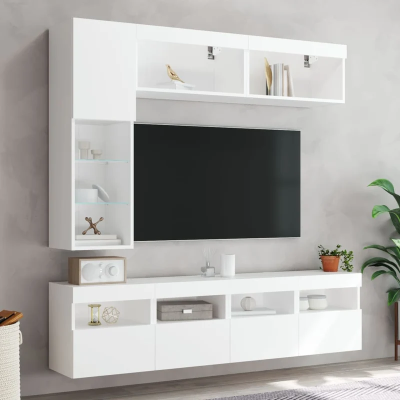 7 Piece TV Wall Cabinet Set with LED Lights White