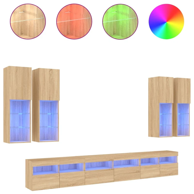 7 Piece TV Wall Cabinet Set with LED Lights Sonoma Oak