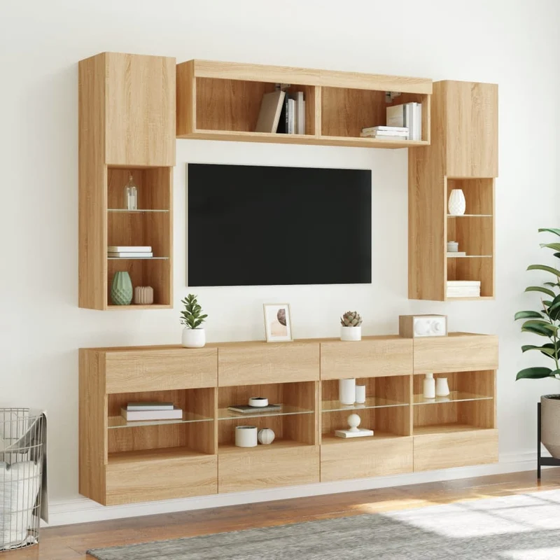 6 Piece TV Wall Cabinet Set with LED Lights Sonoma Oak