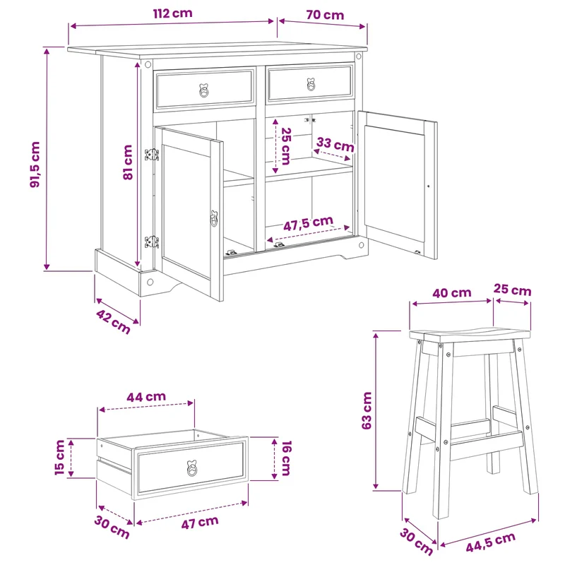 Kitchen Island Set 3 pcs CORONA White and Honey Wax