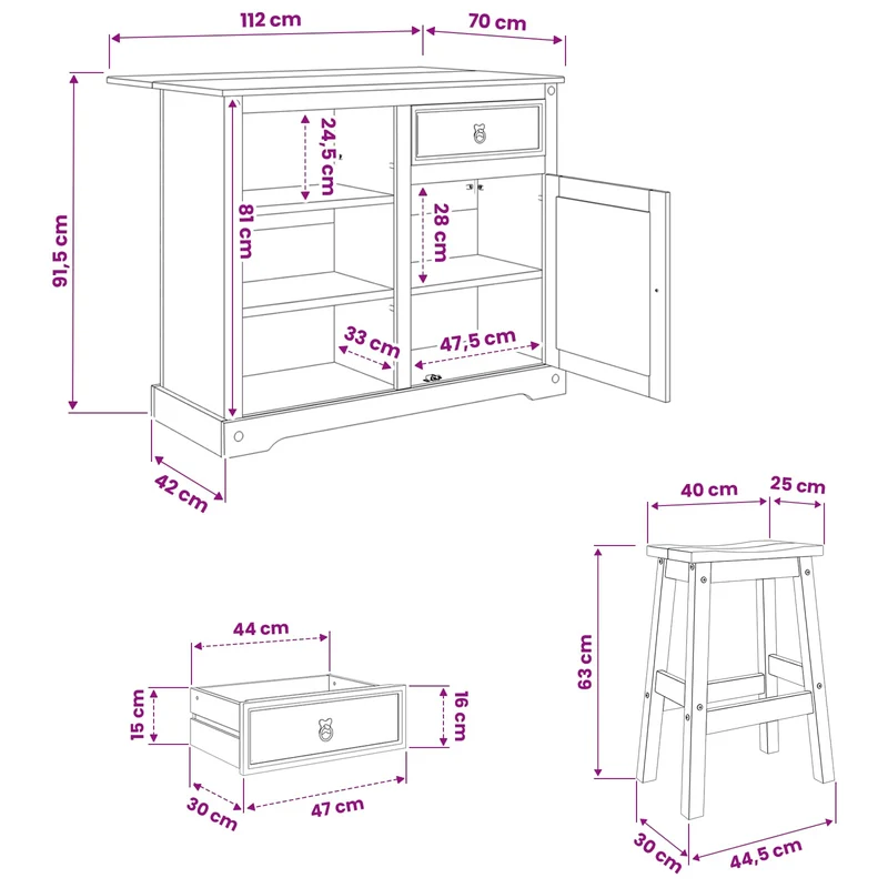Kitchen Island Set 3 pcs Honey Wax 112 x 70 x 91.5 cm