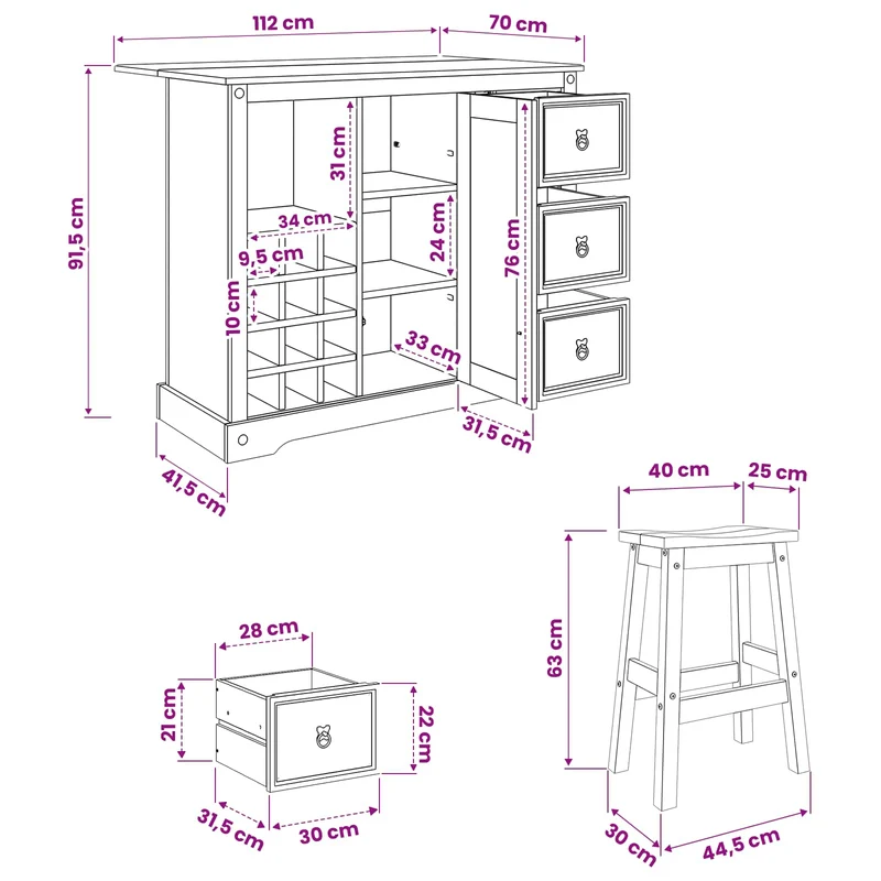 Kitchen Storage 3 pcs Honey Wax 112 x 70 x 91.5 cm Solid-Pine