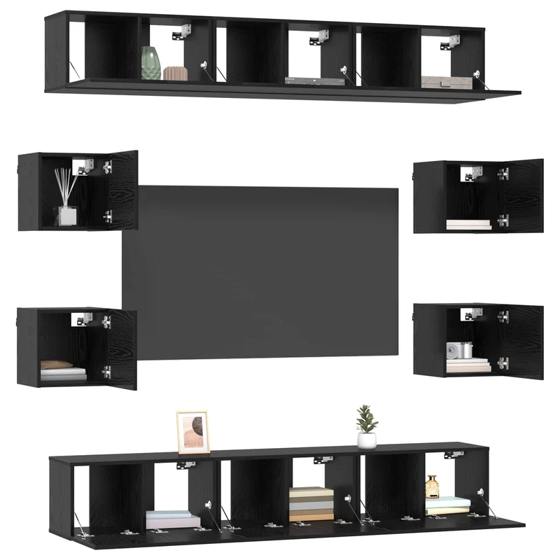 TV Cabinet Set 10 pcs Black Oak Engineered Wood