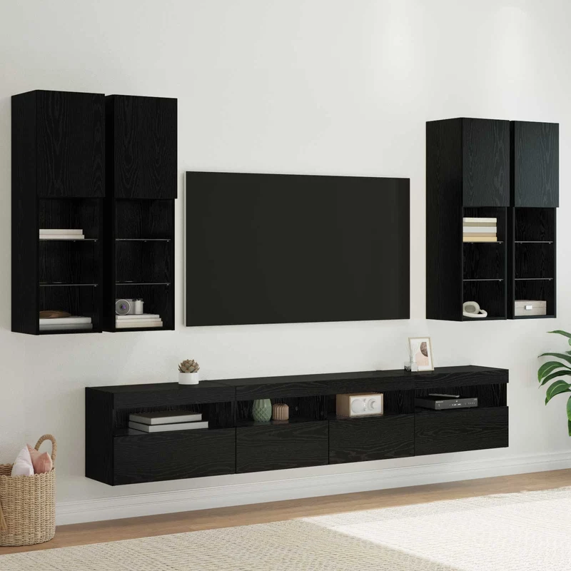 TV Wall Cabinet Set with LED Lights 7 pcs Black Oak