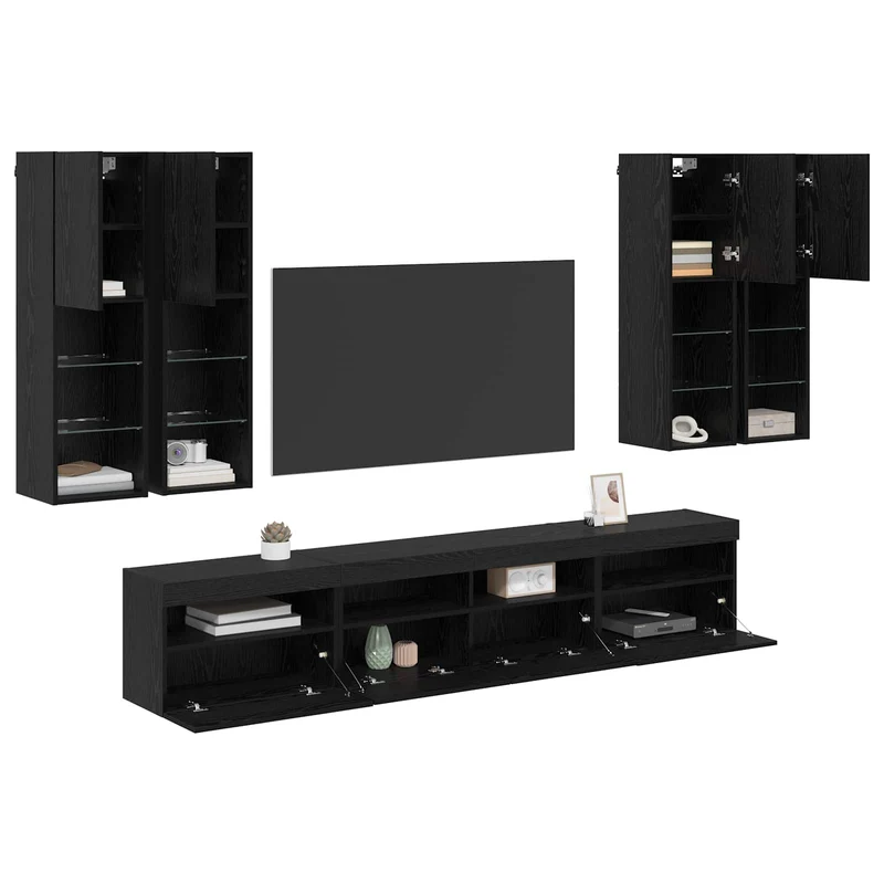 TV Wall Cabinet Set with LED Lights 7 pcs Black Oak