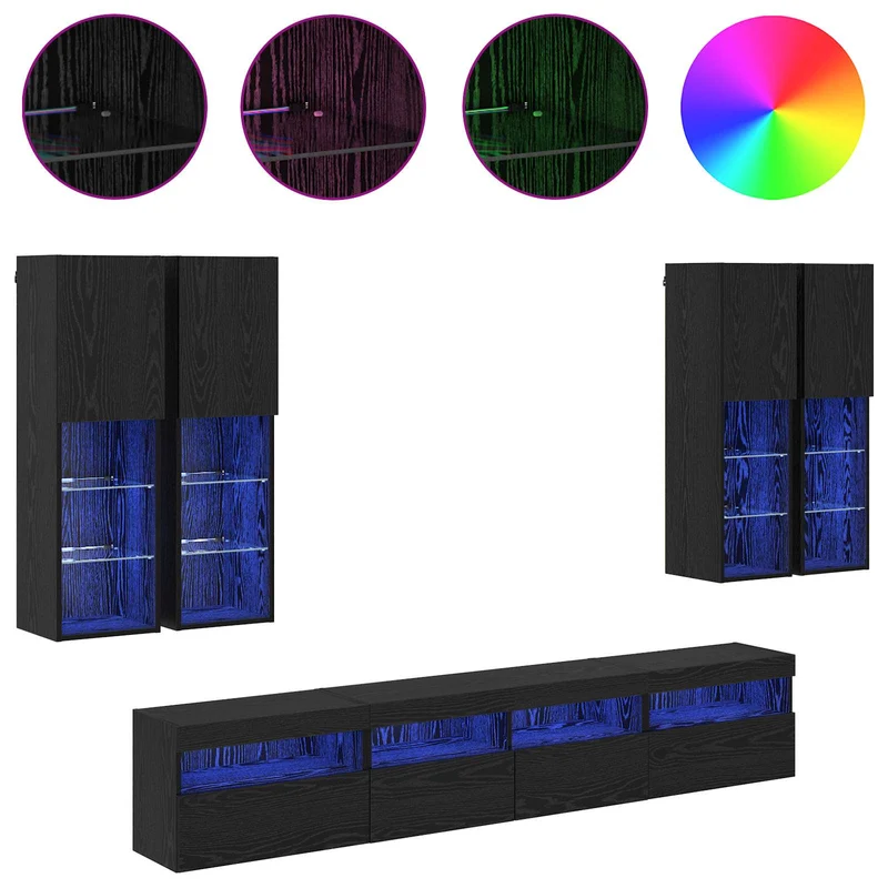 TV Wall Cabinet Set with LED Lights 7 pcs Black Oak