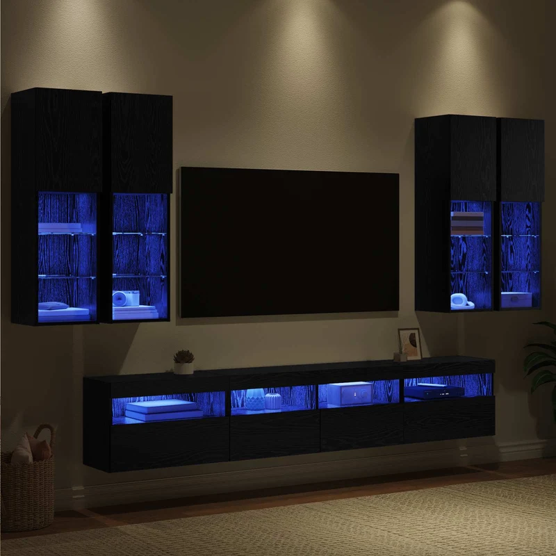 TV Wall Cabinet Set with LED Lights 7 pcs Black Oak
