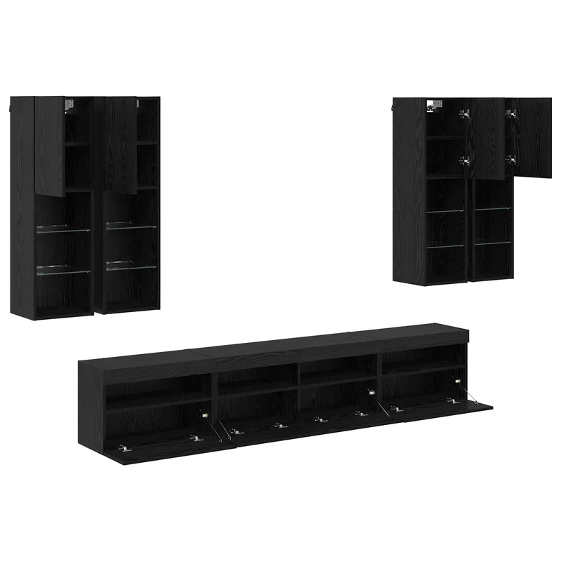 TV Wall Cabinet Set with LED Lights 7 pcs Black Oak