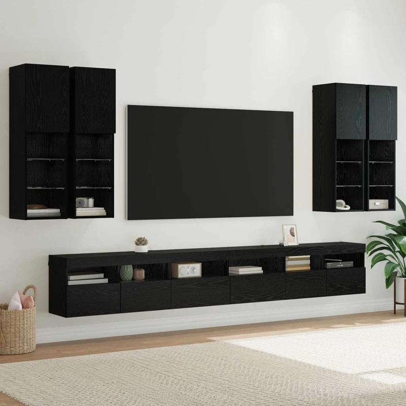 TV Wall Cabinet Set 7 pcs Black Oak Engineered Wood