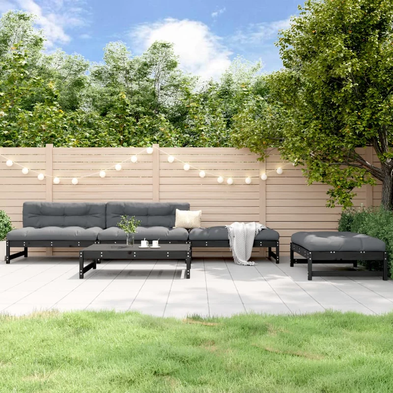 5 Piece Garden Lounge Set Black Solid Wood Pine