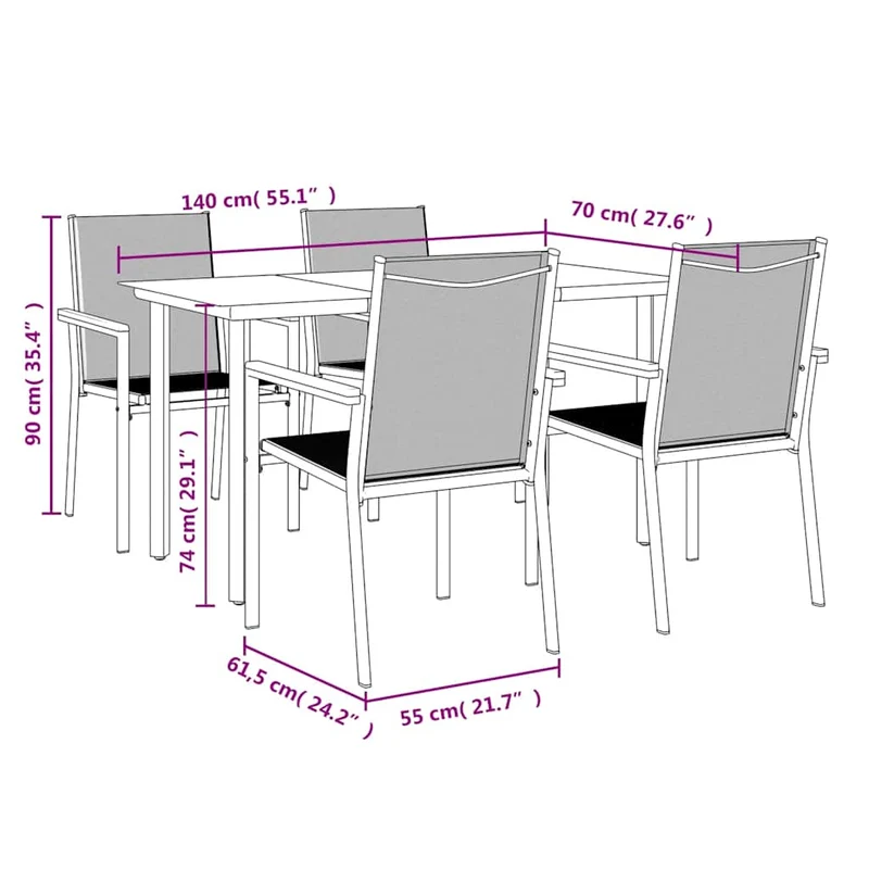 5 Piece Garden Dining Set Black Textilene and Steel