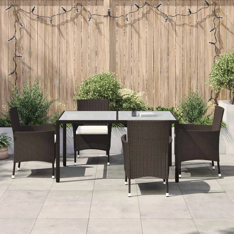 5 Piece Garden Dining Set with Cushions Brown Poly Rattan