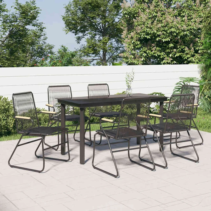 7 Piece Garden Dining Set Black PVC Rattan