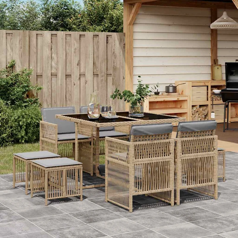 9 Piece Garden Dining Set with Cushions Mix Beige Poly Rattan