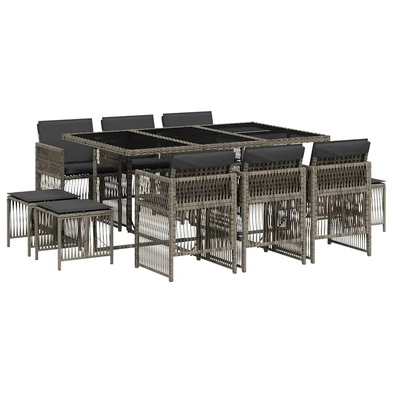 11 Piece Garden Dining Set with Cushions Grey Poly Rattan